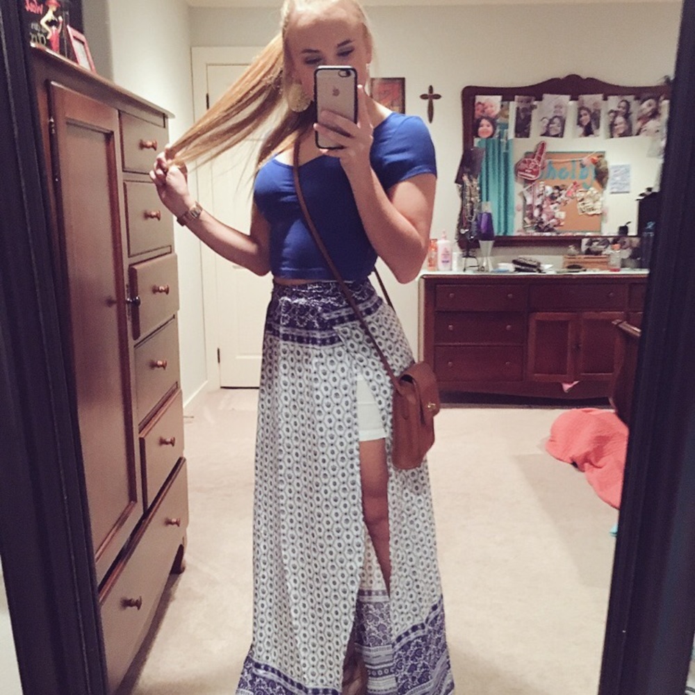 White and Blue Maxi Slit Skirt